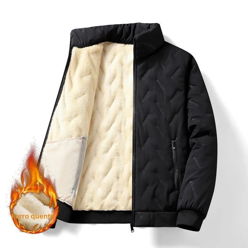Jaqueta Masculina de Algodão Forrada com Lã Grossa, Gola Alta, Quente e Corta-Vento para Outono/Inverno