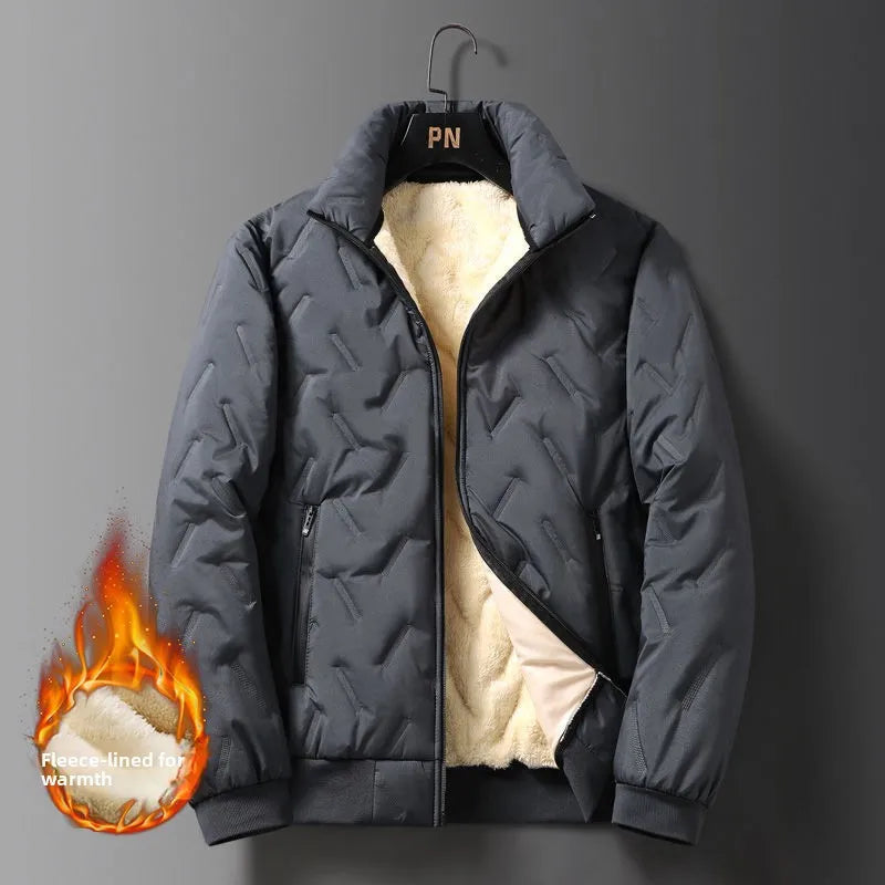 Jaqueta Masculina de Algodão Forrada com Lã Grossa, Gola Alta, Quente e Corta-Vento para Outono/Inverno