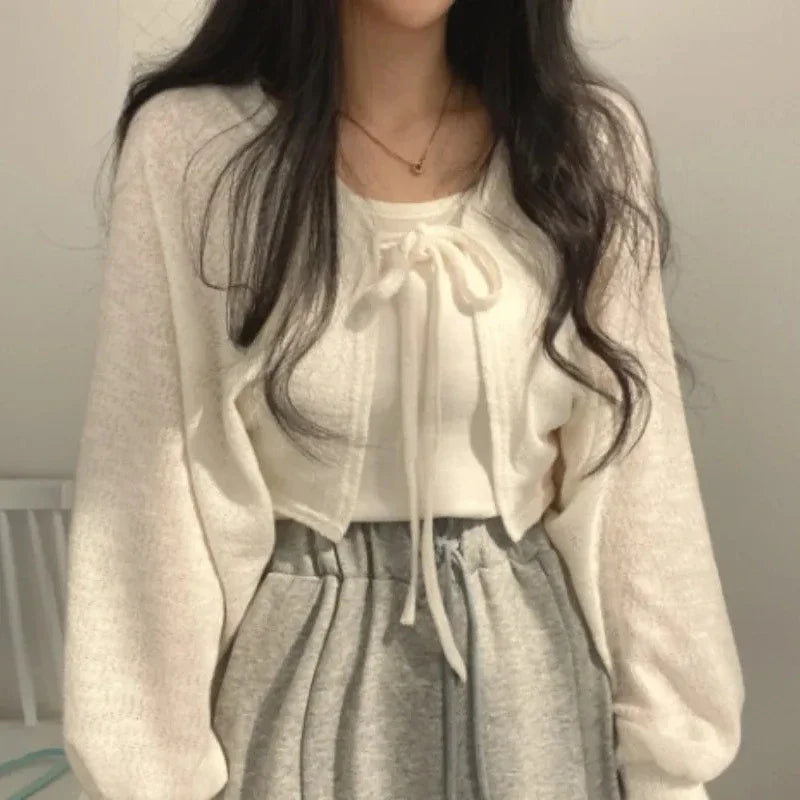 Cardigan Feminino de Renda Estilo Coreano – Manga Lanterna e Proteção Solar
