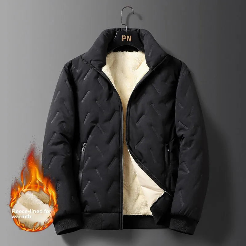 Jaqueta Masculina de Algodão Forrada com Lã Grossa, Gola Alta, Quente e Corta-Vento para Outono/Inverno