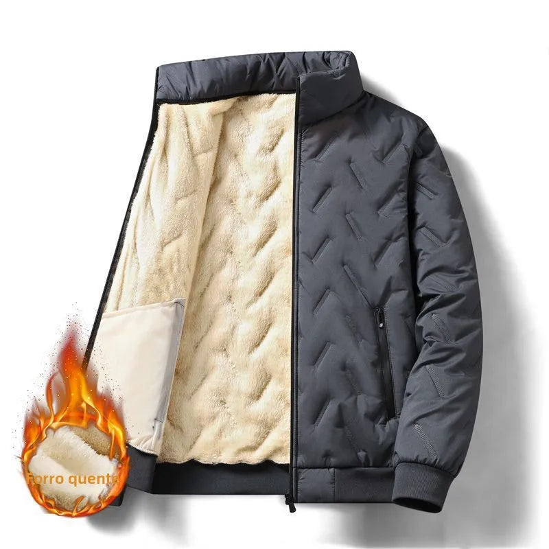 Jaqueta Masculina de Algodão Forrada com Lã Grossa, Gola Alta, Quente e Corta-Vento para Outono/Inverno