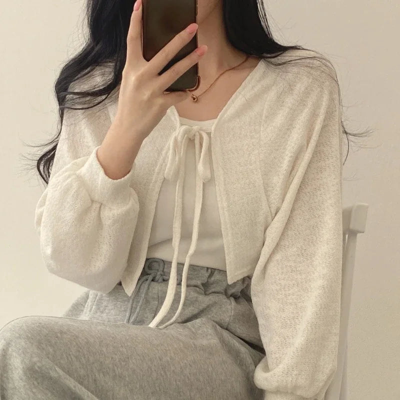 Cardigan Feminino de Renda Estilo Coreano – Manga Lanterna e Proteção Solar