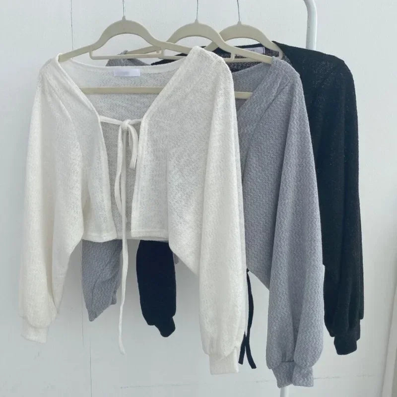 Cardigan Feminino de Renda Estilo Coreano – Manga Lanterna e Proteção Solar
