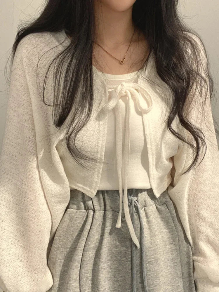 Cardigan Feminino de Renda Estilo Coreano – Manga Lanterna e Proteção Solar
