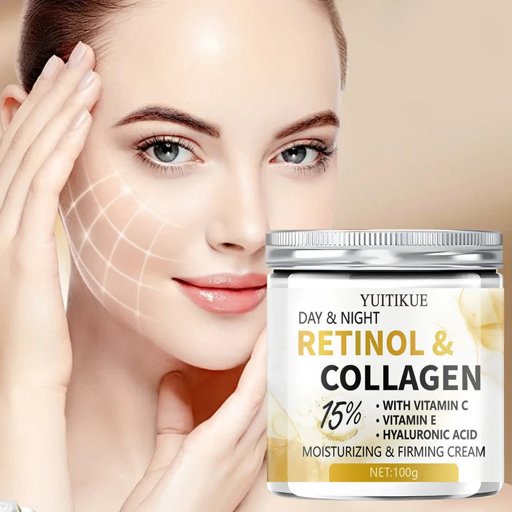 Creme Facial YUITIKUE Dia e Noite Colágeno Retinol 15% 100g – Efeito Lift, Firmeza e Antisinais com Ácido Hialurônico e Vitamina C/E